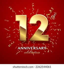 12th Anniversary Celebration. logo design with golden numbers and text for birthday celebration event, invitation, wedding, greeting card, banner, poster, flyer, brochure. Logo Vector Template