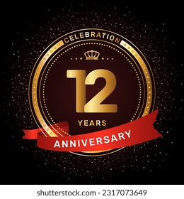12th anniversary celebration logo design with a golden ring and red ribbon concept, vector template