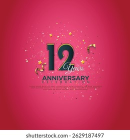 12th Anniversary celebration, anniversary logotype, 12 Anniversary celebration, Realistic 3d sign, stars, festive illustration, Pink background with Dark Blue number 12,13 