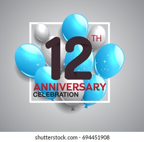 12th anniversary celebration logotype. anniversary logo with balloon in white rectangle.  Vector design for celebration, birthday, party, festival, invitation card, and greeting card