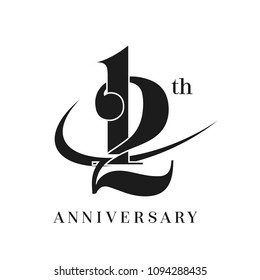 12th Anniversary Celebration simple monogram Design. pictogram vector icon, simple years birthday logo label, black and white stamp isolated