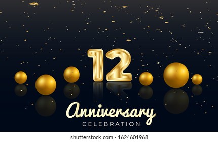 12th Anniversary celebration Vector background by using two colors in the design between gold and red, Golden number 12 with Realistic 3d sign & gold Sphere for Birthday or wedding party 