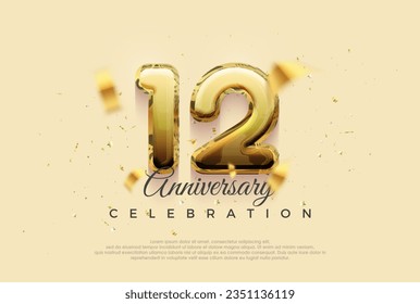 Celebración del 12º aniversario, diseño vectorial con brillante ilustración de globos dorados. Fondo vectorial premium para saludos y celebraciones.