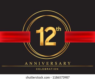 12th anniversary design logotype golden color with ring and red ribbon for anniversary celebration, elegant design.