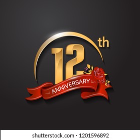 12th anniversary design logotype with golden swoosh, red ribbon and red rose. Vector template for use in celebration company event, greeting card, and invitation card