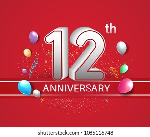 12th anniversary design red background with balloons and confetti for company celebration event 