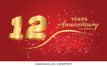 12th Anniversary fireworks and celebration background.Golden 3D lettering and a gold ribbon on dark red background,vector design for celebration, invitation card, and greeting card.