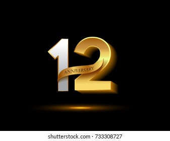 12th anniversary glowing logotype with ribbon golden colored isolated on dark background, vector design for greeting card and invitation card.