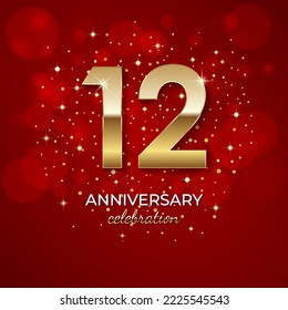 12th Anniversary. Golden number 12 with sparkling confetti and glitters for celebration events, weddings, invitations and greeting cards. Realistic 3d sign. Vector festive illustration