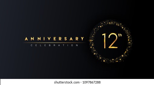 12th anniversary logo with confetti and golden glitter ring isolated on black background, vector design for greeting card and invitation card.