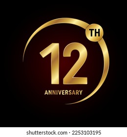 12th anniversary. Anniversary logo design concept with golden ring for anniversary celebration event, invitation card, greeting card, banner, poster, flyer, book cover. Logo Vector Template