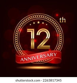 12th Anniversary logo design with golden number and red ribbon for anniversary celebration event, invitation, wedding, greeting card, banner, poster, flyer, brochure, book cover. Logo Vector Template