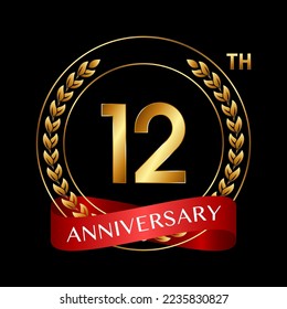 12th Anniversary. Anniversary Logo Design with Laurel Wreath and Red Ribbon for Celebration Event, Wedding, Invitation, Greeting Card. Logo Vector Illustration