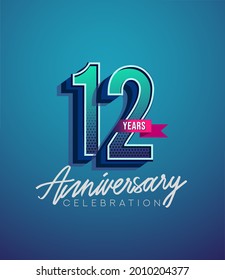 12th Anniversary Logo Design With Ribbon, Elegant Anniversary Logo With Blue Color, Design for banner and invitation card of anniversary celebration.