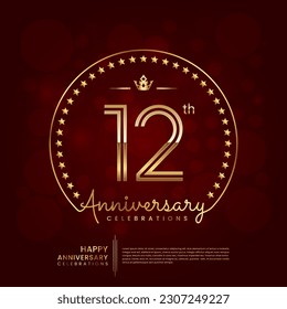 12th anniversary logo with double line number and golden text for birthday celebration event, invitation, banner poster, flyer, and greeting card, vector template
