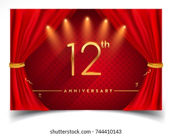 12th Anniversary Logo with Glowing Golden Colors Isolated on Realistic Red Curtain, Vector Design for Greeting Card, Poster and Invitation Card