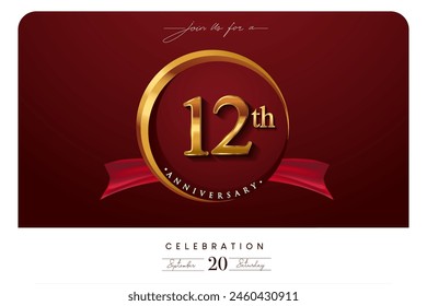 12th Anniversary Logo With Golden Ring And Red Ribbon Isolated on Elegant Background, Birthday Invitation Design And Greeting Card.