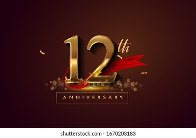 12th anniversary logo with red ribbon and golden confetti isolated on elegant background, sparkle, vector design for greeting card and invitation card.