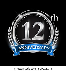 12th anniversary logo with silver ring combination blue ribbon and laurel wreath. Vector template for birthday celebration, party, wedding, invitation and greeting card