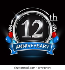 12th anniversary logo with silver ring,balloons and blue ribbon. Vector design template elements for your birthday celebration.