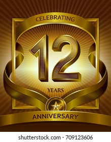 12th anniversary logo. Vector and illustration shiny gold ribbon