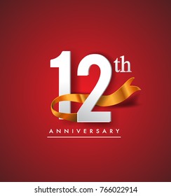 12th anniversary logotype with golden ribbon isolated on red elegance background, vector design for birthday celebration, greeting card and invitation card.