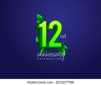 12th anniversary logotype with leaf and green colored, isolated on blue background.