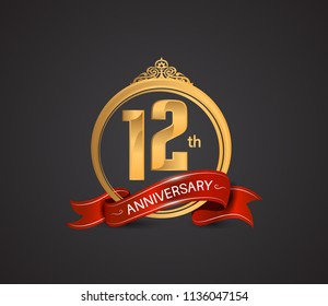 12th anniversary logotype style design luxury  golden color and ornament with warp red ribbon for company celebration event