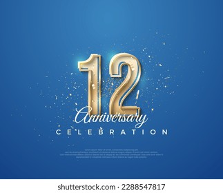 12º aniversario con un diseño lujoso entre oro y azul. Vector premium para afiches, banner, saludo de celebración.