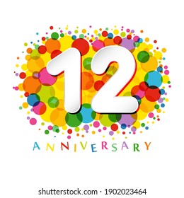12th anniversary numbers. 12 years old multicolored congrats. Cute congratulation concept. Isolated abstract graphic design template. Age digits. Up to 12%, -12% percent off discount. Decorative sign.