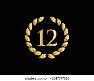 12th Anniversary Ring Logo Template. 12th Years Anniversary Logo With Golden Ring Isolated On Black Background, For Birthday, Anniversary And Company Celebration