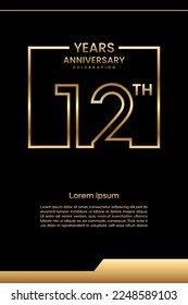 12. Jubiläum Template Design mit goldener Farbe für Feierlichkeiten, Einladung, Banner, Poster, Flyer, Grußkarte, Buchumschlag. Vektorvorlage
