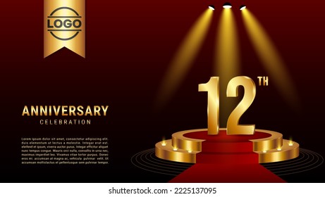 12th Anniversary. Template design with golden stage for celebration event, wedding, greeting card and invitation card. Vector illustration EPS10