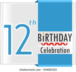 12th birthday, 12 years celebration card with vibrant colors and ribbon - vector illustration