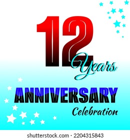 12th birthday celebration background. Red gradient colored numbers and blue gradient background decorated with stars.