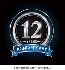 12th birthday logo with silver ring and blue ribbon, Vector design template elements for anniversary celebration, wedding, jubilee, greeting card, invitation, party.