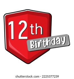 12th birthday on red Secure shield. 
vector illustration isolated on white background. Flat design 