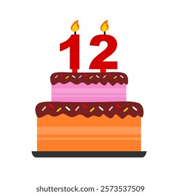 12th Chocolate birthday cake or anniversary wedding cake with red flamable numeral candles flat design vector illustration