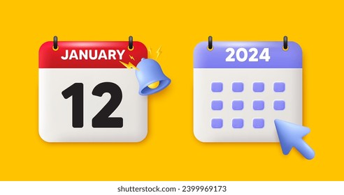 12th day of the month icon. Calendar date 3d icon. Event schedule date. Meeting appointment time. 12th day of January month. Calendar event reminder date. Vector