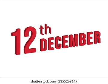 12th December , Daily calendar time and date schedule symbol. Modern design, 3d rendering. White background.