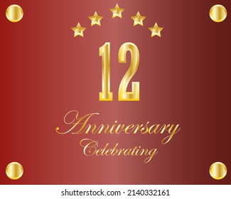 12th golden anniversary logo with ring, laurel wreath vector design.