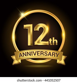 12th golden anniversary logo, with shiny ring and ribbon, laurel wreath isolated on black background, vector design