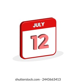 12th July calendar 3D icon. 3D July 12 calendar Date, Month icon vector illustrator svg
