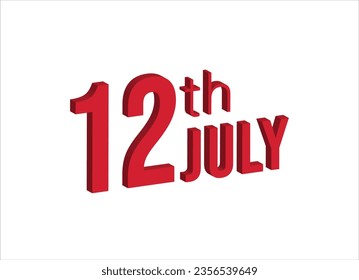 12th july , Daily calendar time and date schedule symbol. Modern design, 3d rendering. White background. svg