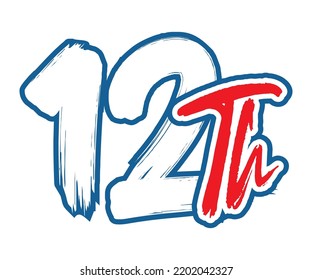 12th Ordinal Number counting vector art illustration with stunning font on red trim blue on white background