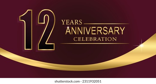 12th Year anniversary celebration background. Golden lettering and a gold ribbon on dark background,vector design for celebration, invitation card, and greeting card.
