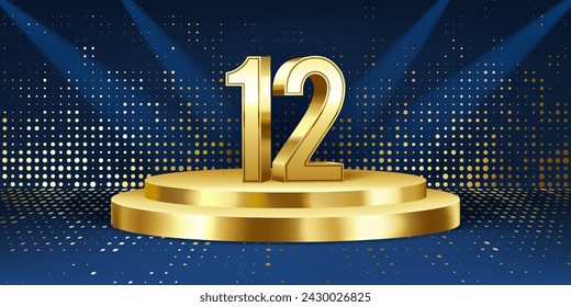 12th Year anniversary celebration background. Golden 3D numbers on a golden round podium, with lights in background.