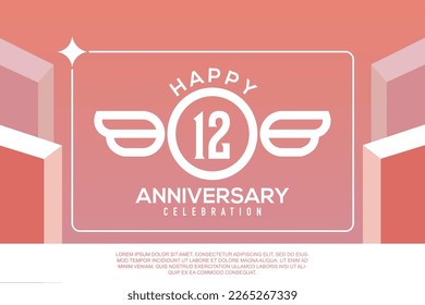 12th year anniversary design letter with wing sign concept template design on pink background abstract illustration