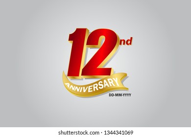 12th year anniversary Golden ribbon celebration logotype. anniversary logo with Red and Gold color isolated on grey background, vector design for celebration, invitation card - vector