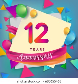 12th Years Anniversary Celebration Design, balloons and ribbon, Colorful design elements for banner, invitation, greeting card your twelve birthday celebration party.